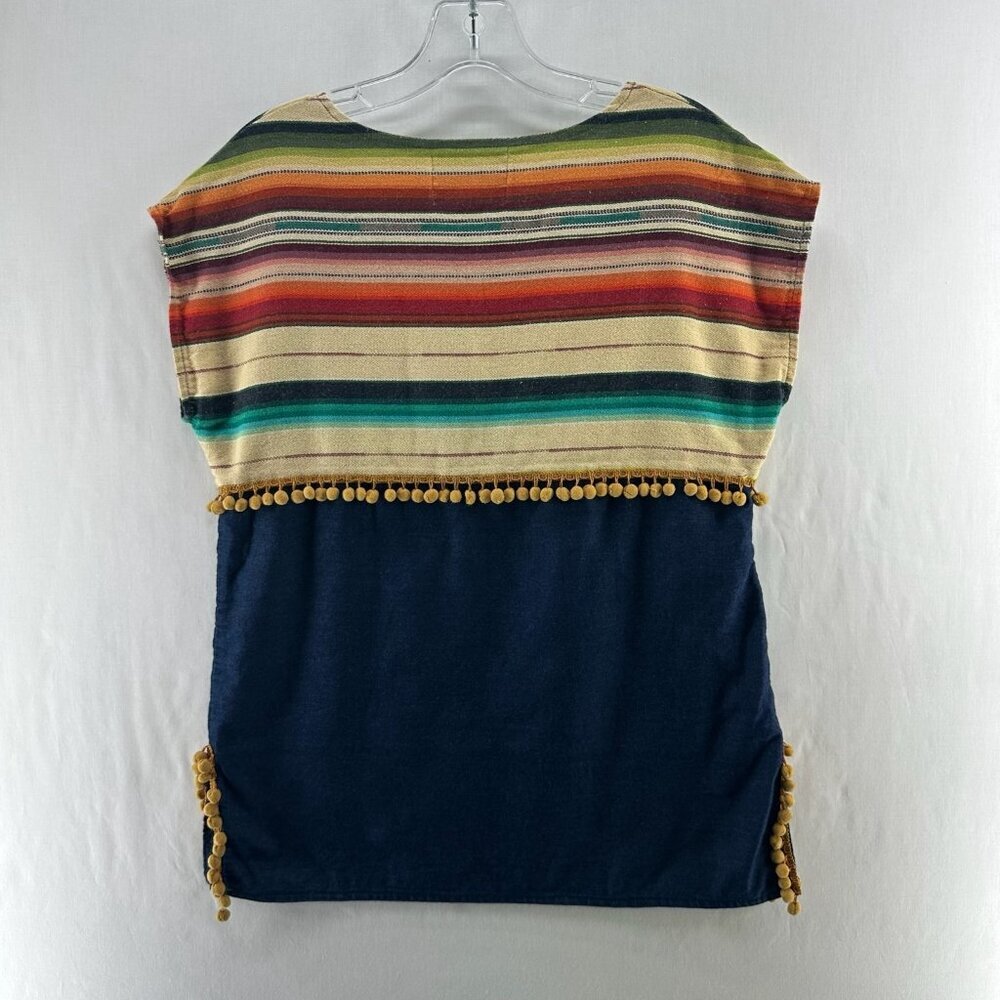 Silverado Southwestern Top Womens XS Boho Piper Pom Pom Trim Serape Striped Blue - Picture 2 of 9